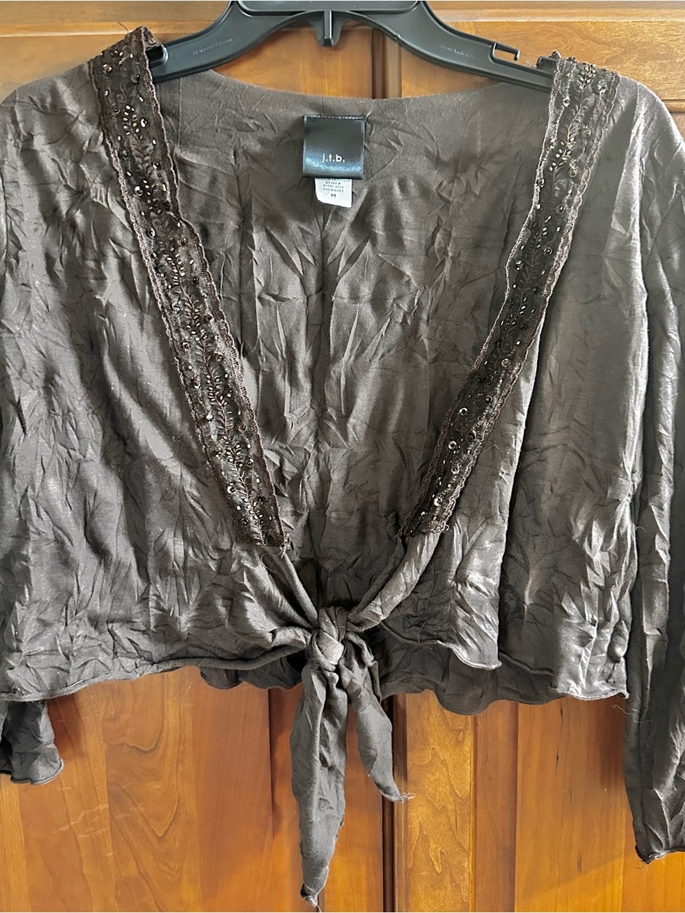Brown Tie-Front Beaded bolero top
